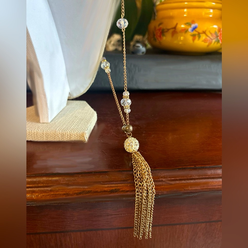 Gold Toned Long Crystal Ball Tassel Necklace 1990’s style